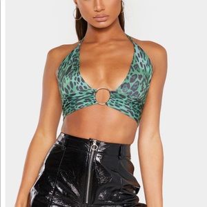 Dark green Leopard O ring plunge halter top